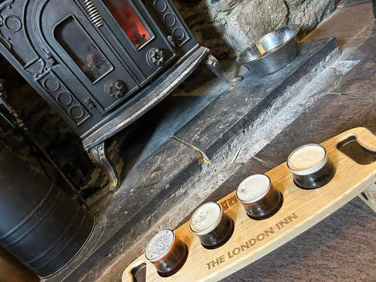 Custom laser engraved beer flight board for home pub – personalised handmade in Devon UK by Moon Groves