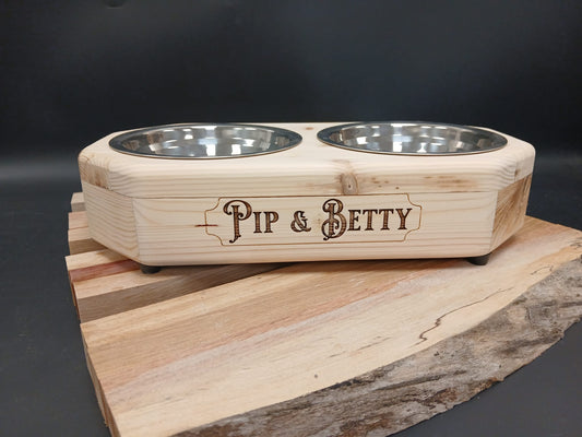 Personalised Micro & Teacup Raised Double Dog Bowl Stand | Unique Elongated Octagon | Moon Groves