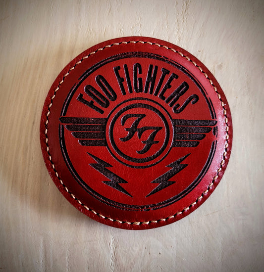 Personalised Italian leather coasters close-up of laser engraved design – Moon Groves Devon UK