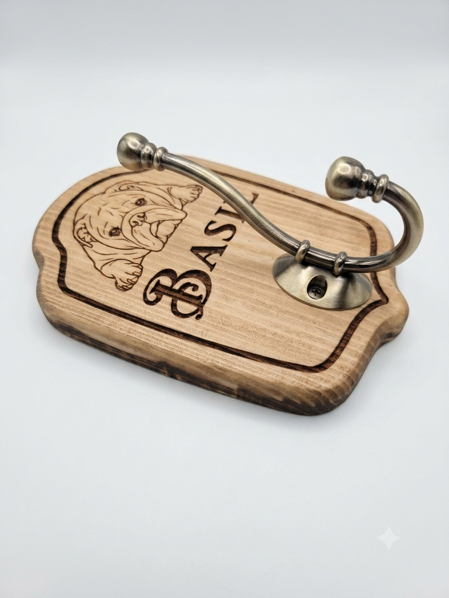 Personalised dog lead and harness storage hook, 190x140mm redwood