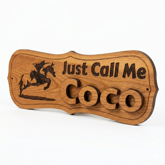 Personalised custom horse sign alternate angle – laser engraved equestrian stable plaque Devon UK
