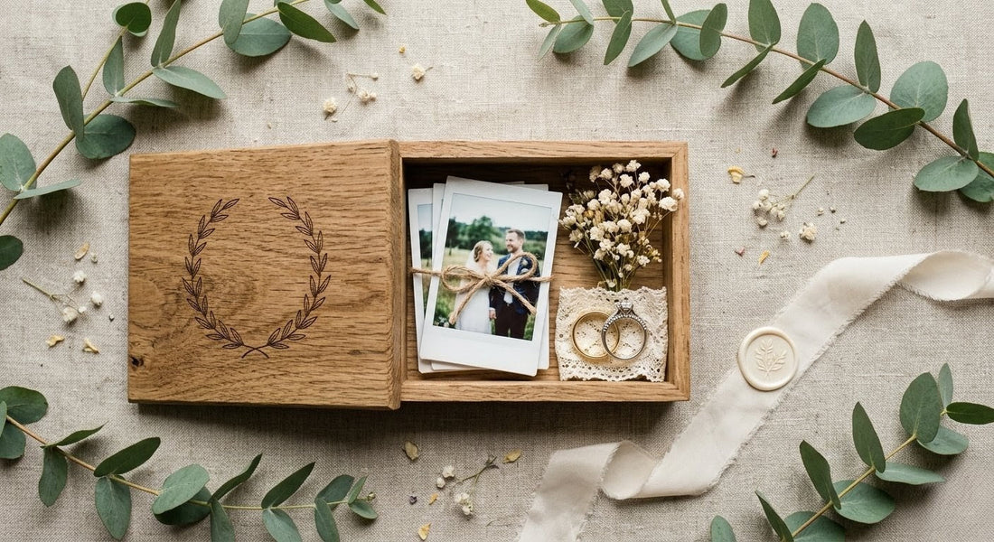 An open personalised engraved wooden keepsake box on natural linen, showing polaroids, a pair of wedding rings and dried flowers, framed by eucalyptus stems.