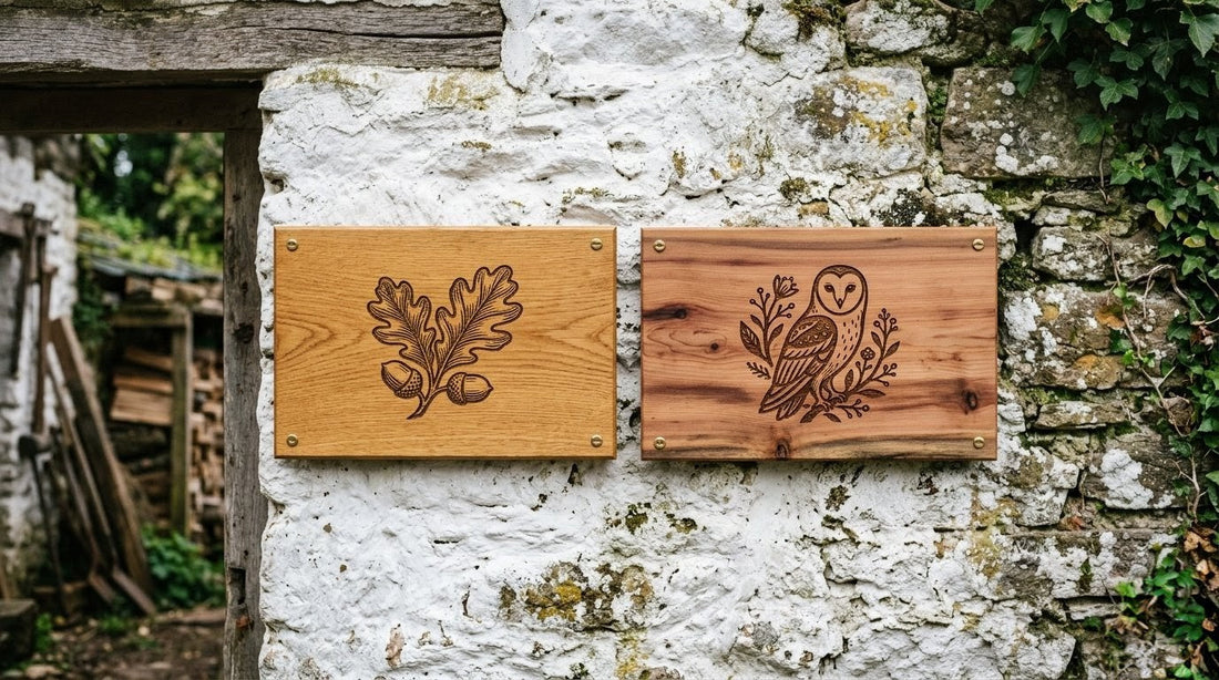 Two handcrafted exterior timber business signs side by side, one in warm honey-toned oak and one in reddish Western Red cedar, mounted on a whitewashed stone wall.