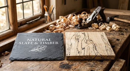 A piece of dark reclaimed slate with bright white laser engraving beside a pale spalted timber board with dark marbled grain lines, arranged on a rustic workshop bench.