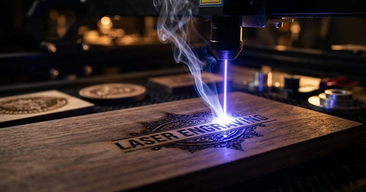 Reclaimed wood table top with laser engraved branding – Moon Groves commercial laser work Devon