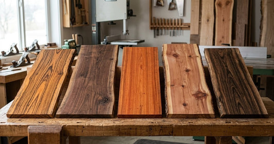 A row of live-edge timber boards on a workbench in our Devon workshop, showing the varied grain and colour of different wood species.