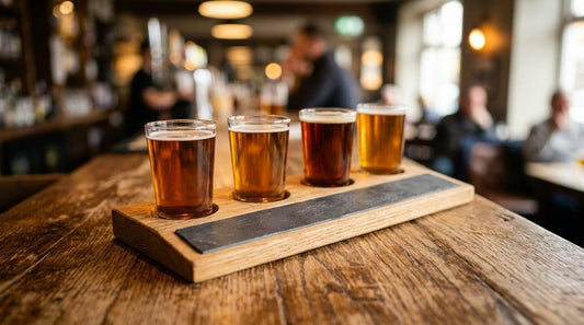 A handcrafted wooden beer flight holding four amber tasting glasses on a rustic home-bar counter, with a small slate name panel at the front.