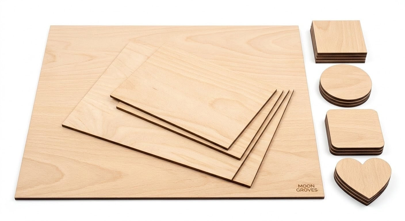 Moon Groves 5mm Beech plywood craft blanks collection, featuring precision-cut A3, A4, and A5 sheets alongside square, circle, and heart coaster shapes.