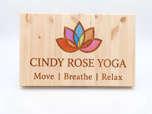 Colour-filled laser engraved pine business logo sign, 600×400 example, handmade by Moon Groves in Devon — MoonGroves.com