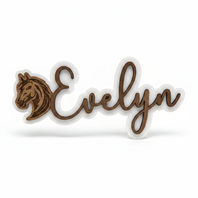 Personalised girls' bedroom name sign, laser engraved on wood, handmade in Devon by Moon Groves