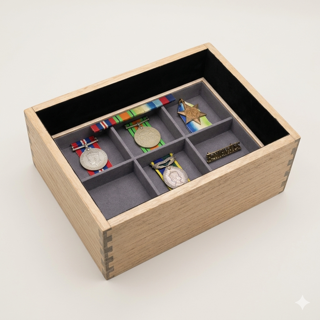 Handcrafted premium hardwood keepsake box with machine-cut dovetail joints – personalised heritage box for military memorabilia
