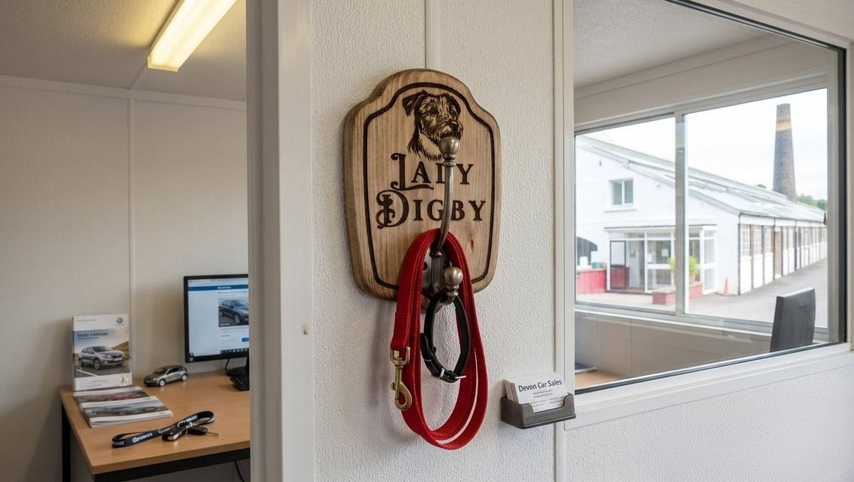 Patterdale collar hanger in hallway with leads, Moon Groves