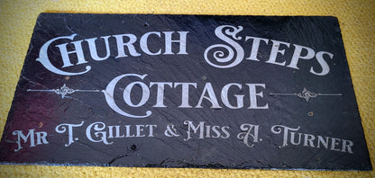 Personalised reclaimed slate house sign – custom laser engraved by Moon Groves, Devon UK