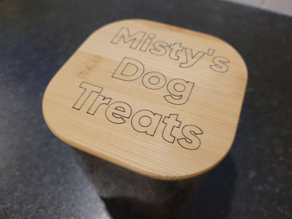 Personalised laser engraved dog treats jar – custom bone design treat storage tin handmade in Devon UK