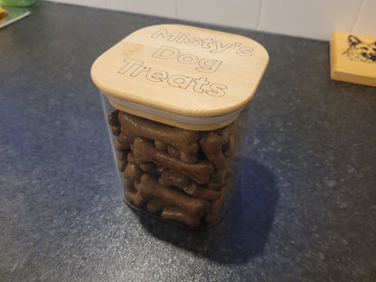 Custom laser engraved dog treat tin close-up of engraving detail – handmade in Devon UK