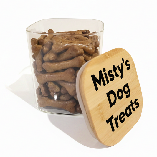 Personalised laser engraved dog treats jar with bone design on a white background – Moon Groves, Devon UK