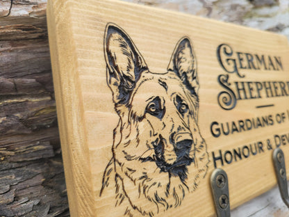 Personalised Solid Wood Dog Lead Hanger - Custom Laser Engraved German Shepherd Design | Handmade in Devon UK