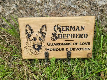 Personalised Solid Wood Dog Lead Hanger - Custom Laser Engraved German Shepherd Design | Handmade in Devon UK