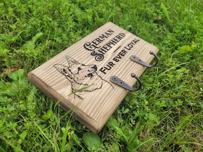 Personalised Solid Wood Dog Lead Hanger - Custom Laser Engraved German Shepherd Design | Handmade in Devon UK
