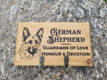 Personalised laser engraved solid wood dog lead hanger with German Shepherd design – Moon Groves handmade in Devon UK