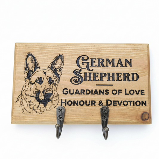 Personalised wooden dog lead hanger with laser engraved German Shepherd design on a white background – Moon Groves, Devon UK