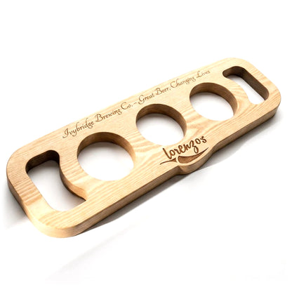 Custom wooden beer flight taster set, laser engraved for a home pub, handmade in Devon by Moon Groves