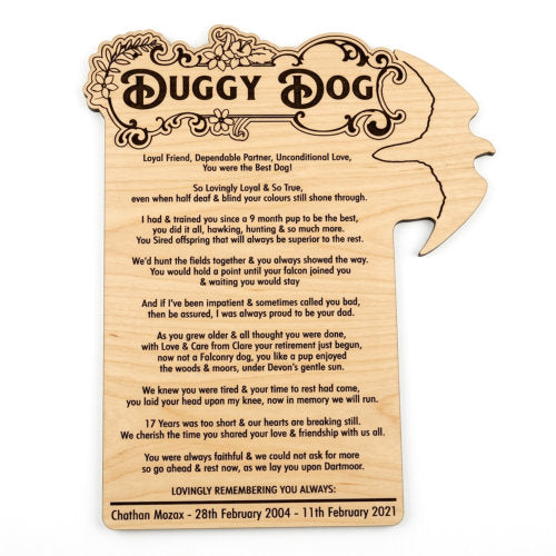 Personalised pet memorial plaque showing engraving detail – handmade tribute in Devon UK