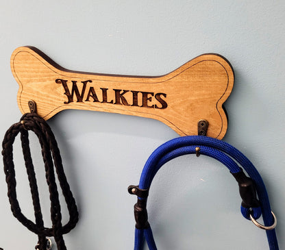 Personalised Walkies solid wood dog lead holder, laser engraved – handmade by Moon Groves, Devon UK