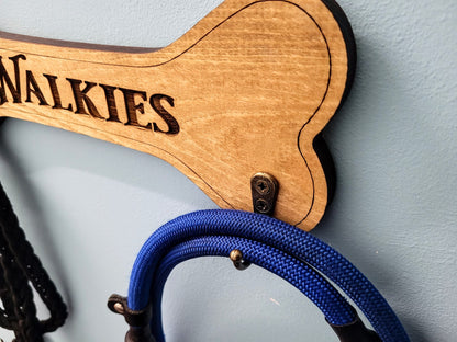 Personalised Walkies solid wood dog lead holder, laser engraved – handmade by Moon Groves, Devon UK