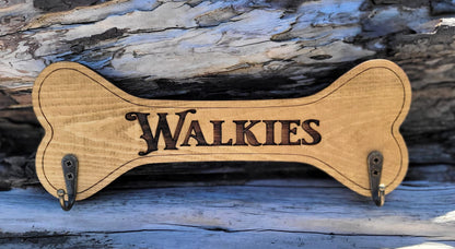 Personalised Walkies solid wood dog lead holder, laser engraved – handmade by Moon Groves, Devon UK