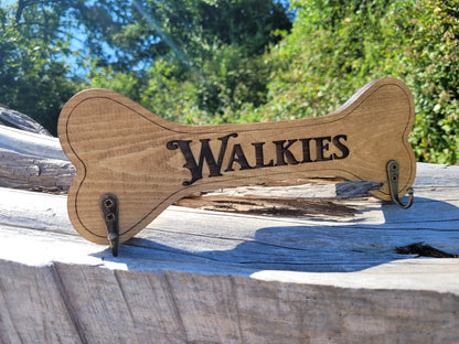 Personalised Walkies solid wood dog lead holder, laser engraved – handmade by Moon Groves, Devon UK