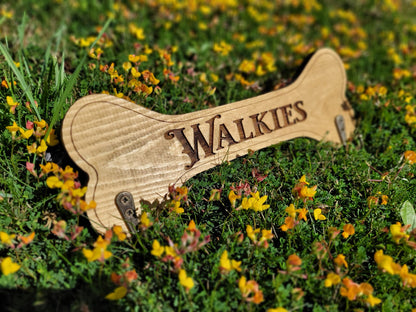 Personalised Walkies solid wood dog lead holder, laser engraved – handmade by Moon Groves, Devon UK