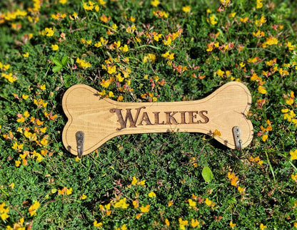 Personalised Walkies solid wood dog lead holder, laser engraved – handmade by Moon Groves, Devon UK