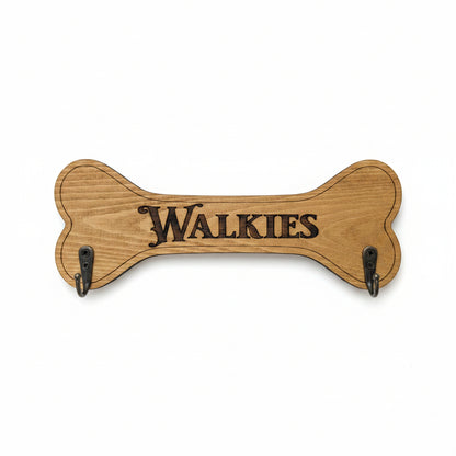 Personalised Walkies dog lead holder side view – laser engraved solid wood Moon Groves Devon UK