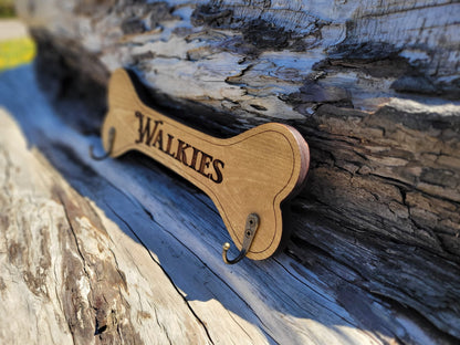 Personalised Walkies solid wood dog lead holder, laser engraved – handmade by Moon Groves, Devon UK