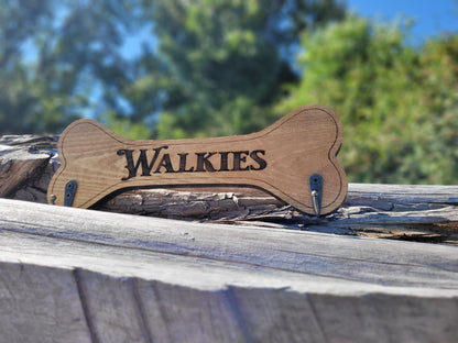 Personalised Walkies solid wood dog lead holder, laser engraved – handmade by Moon Groves, Devon UK