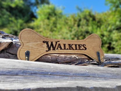 Personalised Walkies solid wood dog lead holder, laser engraved – handmade by Moon Groves, Devon UK