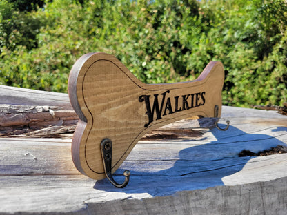 Personalised Walkies solid wood dog lead holder, laser engraved – handmade by Moon Groves, Devon UK