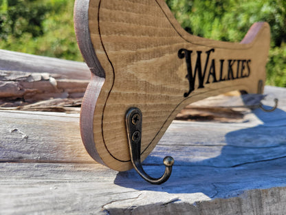 Personalised Walkies solid wood dog lead holder, laser engraved – handmade by Moon Groves, Devon UK