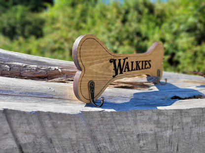 Personalised Walkies solid wood dog lead holder, laser engraved – handmade by Moon Groves, Devon UK