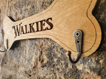 Personalised Walkies solid wood dog lead holder, laser engraved – handmade by Moon Groves, Devon UK