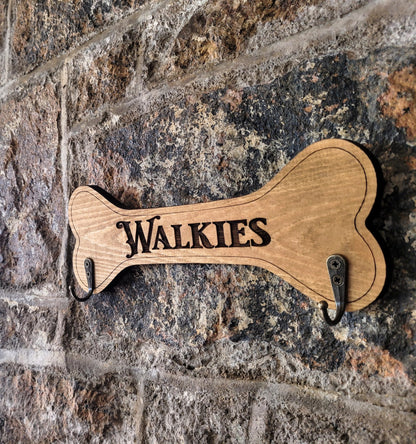 Personalised Walkies solid wood dog lead holder – laser engraved handmade in Devon UK by Moon Groves
