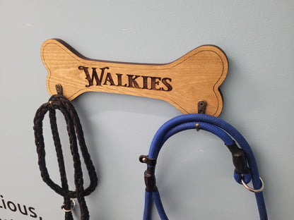 Personalised Walkies solid wood dog lead holder, laser engraved – handmade by Moon Groves, Devon UK