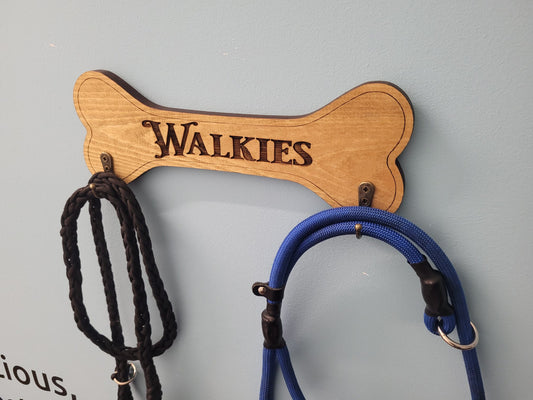 Personalised Walkies solid wood dog lead holder, laser engraved – handmade by Moon Groves, Devon UK