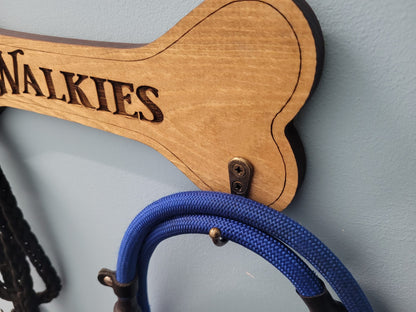 Personalised Walkies solid wood dog lead holder, laser engraved – handmade by Moon Groves, Devon UK