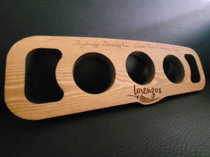 Close-up of laser engraved branding on beer flight board – handmade in Devon UK by Moon Groves