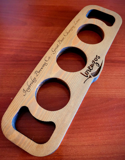 Personalised pub beer flight board alternate angle – custom engraved wood Moon Groves Devon UK