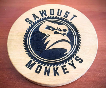 Close-up of laser engraved text on round solid pine sign – handmade in Devon UK by Moon Groves