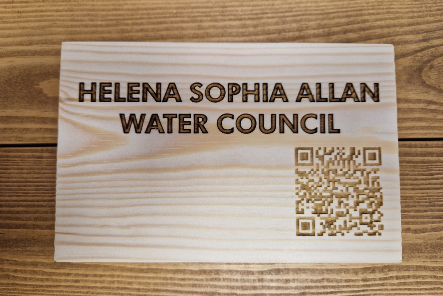 Personalised QR code sign on Redwood ground spike – custom laser engraved by Moon Groves, Devon UK