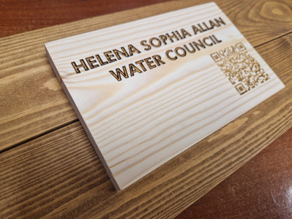 Personalised QR code sign on Redwood ground spike – custom laser engraved by Moon Groves, Devon UK